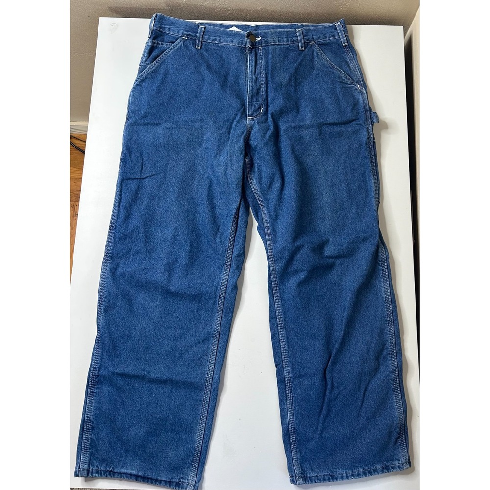 Carhartt Dungaree Jeans Mens 38x30 Blue Flannel Lined Carpenter B14DST